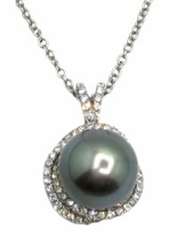 18K White Gold 0.80ctw Cultured South Sea Tahitian Pearl and Diamond Pendant With Chain