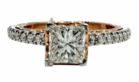 14K Two Tone Gold Square Modified & Round Brilliant Cut Diamond Ring