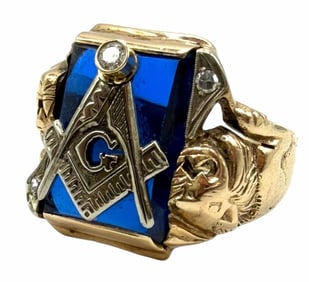 10k Yellow Gold Diamond & Blue Topaz Masonic Men's Ring