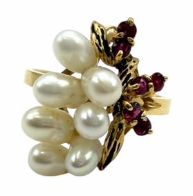 14k Yellow Gold Freshwater Pearl Ruby Cluster Ring