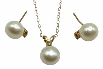 14k Yellow Gold Diamond and Pearl Stud Earring, Pendant and Chain Set