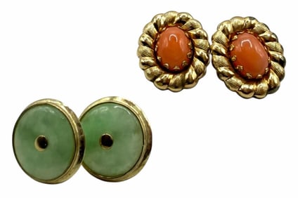 14k Yellow Gold Jade and Coral Mid-Century Earring Sets