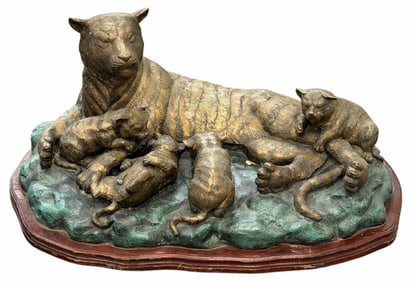 Large Bronze Tiger with Cubs Sculpture on Wooden Base