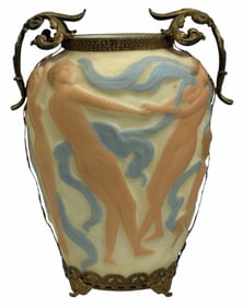 Mid-Century Footed Phoenix Consolidated Glass Dancing Nymphs Custard Vase w/ Brass Accents.