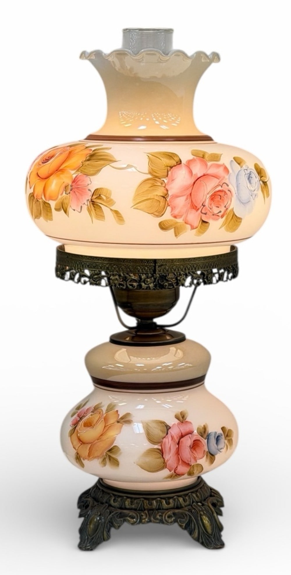 Vintage Accurate Casting Gone With The Wind Hand Painted Hurricane Lamp: Vintage Accurate Casting Gone With The Wind Hand Painted Hurricane Lamp. This beautiful electric lamp has a 3-way switch allowing the different sections to light up at different times. It has pink, bl