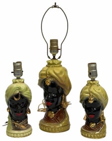 (3) Mid-Century Ceramic Blackamoor Nubian Head Table Lamps