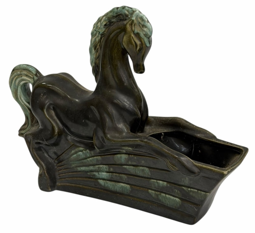 1950s Gilner Pottery Equestrian Stallion TV Lamp/Planter: 1950s Gilner Pottery Equestrian Stallion TV Lamp/Planter. This unique lamp depicts a horse. It is in good working condition. There are some signs of wear common with age and use. It is marked on the b