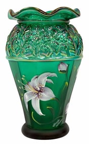 Fenton Hand Painted Designer Showcase Series Iridized Emerald Green Leaf Vase With Lilies