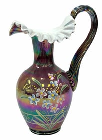 Fenton Glass Plum Iridescent Pitcher Ruffled Top Painted & Signed, 90th Anniversary