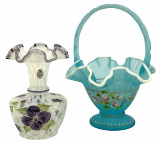 Fenton Hand Painted Blue Satin 2002 Charlton Collection Basket & Lavender Diamond Optic Ruffled Rim