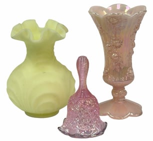 Fenton Satin Uranium Custard Vase, Pink Scalloped Footed Vase, and Pink Ruffled Iridescent Bell