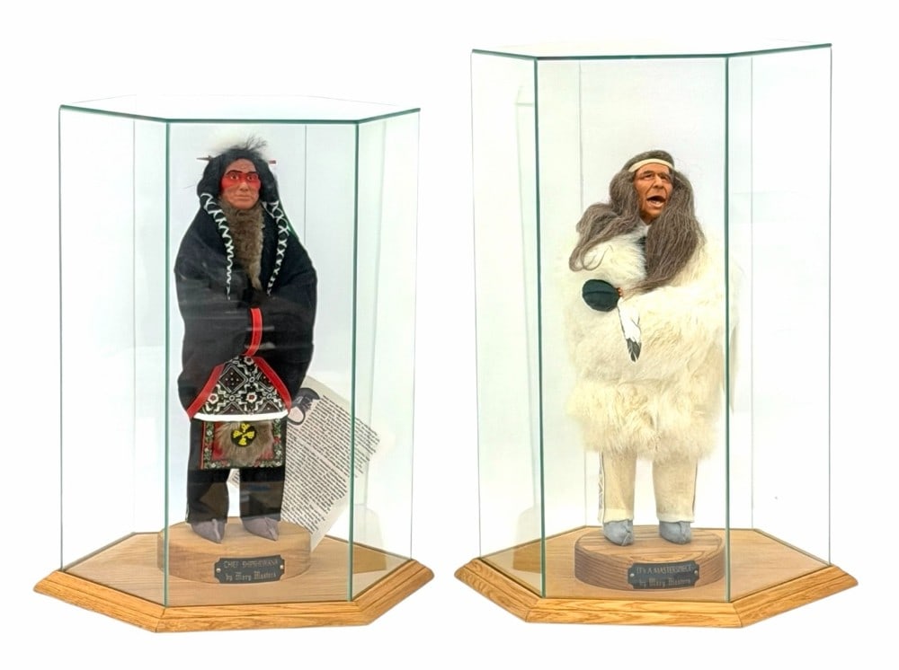 Local Artist, Mary Masters Chief Shipshewana & Medicine Man With Display Cases: Local Artist, Mary Masters Chief Shipshewana & Medicine Man With Display Cases. This lot contains a Mary Masters Chief Shipshewana. He comes with a COA with a short story about him. He was from the sa