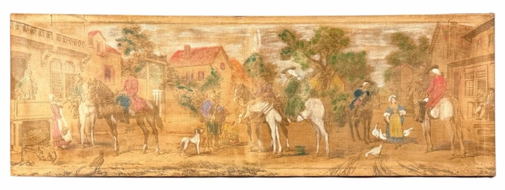 Antique French Colonial Village Landscape Tapestry: Antique French Colonial Village Landscape Tapestry.? This antique French Colonial village landscape tapestry is in nice used condition.? This Tapestry has been in a private collection on Lake Wawasee