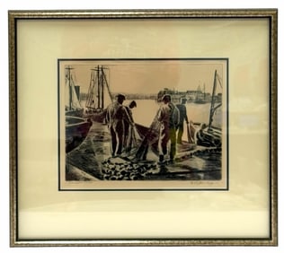 Nathaniel P. Steinberg (1893-1976) Original Etching "Gloucester Harbor" Signed, Framed