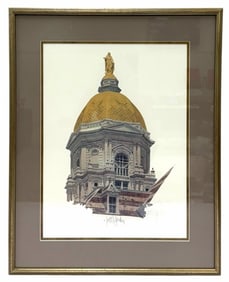 Scott L Hendrie (1950-2016) (Elkhart,IN) Notre Dame Golden Dome Water Color Print Signed Framed