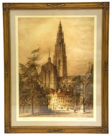 1915 James Alphege Brewer (1881-1946) Color Etching Signed Print of Antwerp Cathedral, Belgium