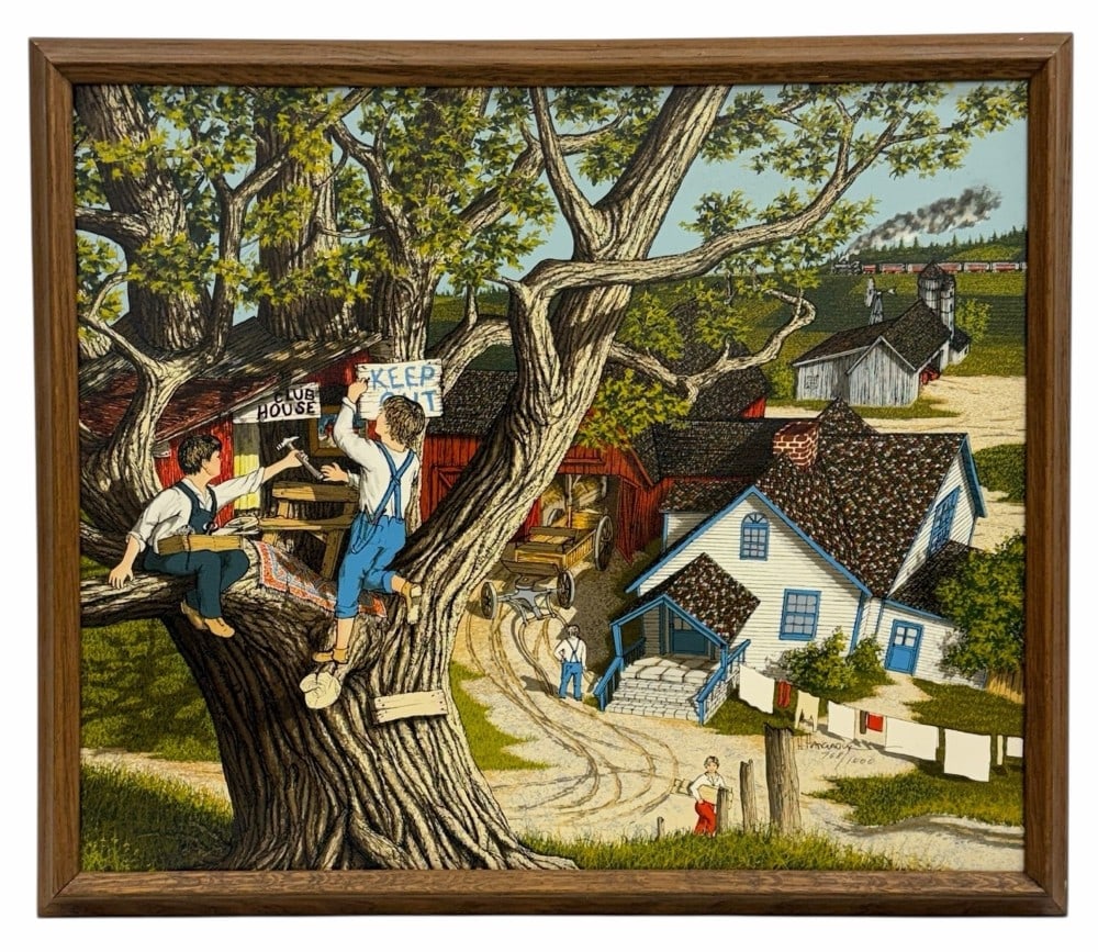 H. Hargrove "Members Only" Limited Edition 768/1000 Serigraph Framed: H. Hargrove "Members Only" Limited Edition 768/1000 Serigraph Framed. Depicts two young boys building a treehouse with signs that read "Club House" and "Keep Out". In the background is what appears to