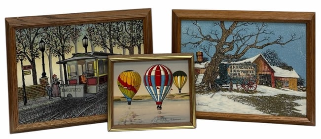 (3) H. Hargrove Barn In Winter, Hot Air Balloons, & Broadway Trolly Serigraphs Framed
