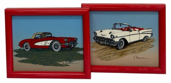 (2) H. Hargrove Red Convertible And White Chevy Serigraphs Framed