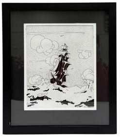 Original Etching of Pirate Ship, Artist Signed Monteith and Framed