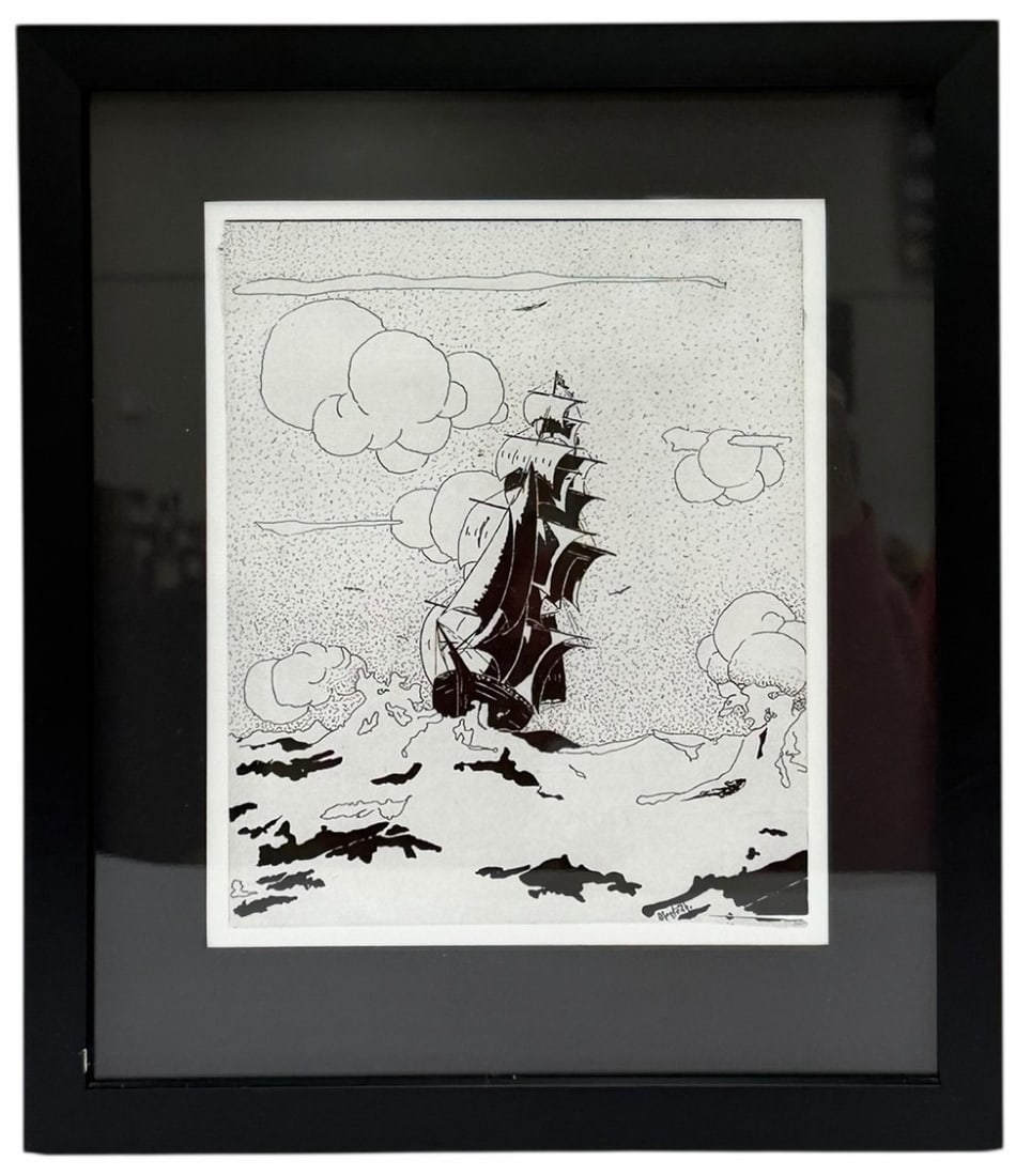 Original Etching of Pirate Ship, Artist Signed Monteith and Framed: Original Etching of Pirate Ship, Artist Signed Monteith and Framed.? Framed measures 11.25in x 13.25in