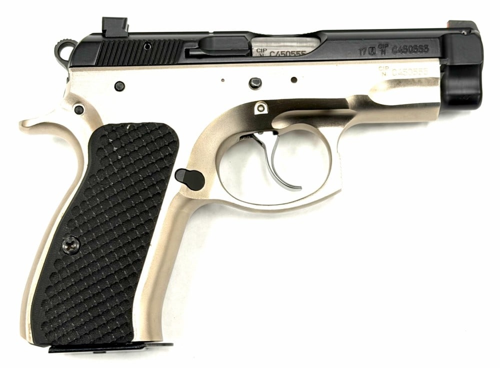 CZ Model 75 Compact .9mm Luger Semi-Automatic Pistol: CZ Model 75 Compact .9mm Luger Semi-Automatic Pistol.? The CZ model 75 compact pistol is in very nice used condition.? Barrel measures 3 inches in length.? The two tone pistol matches very well.? Slid