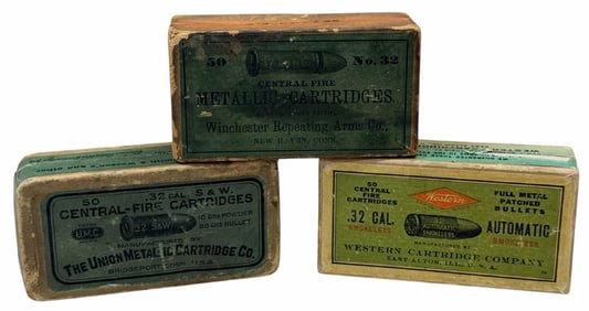 (3) Western, Winchester & UMC .32 Caliber Ammo Boxes with Ammo