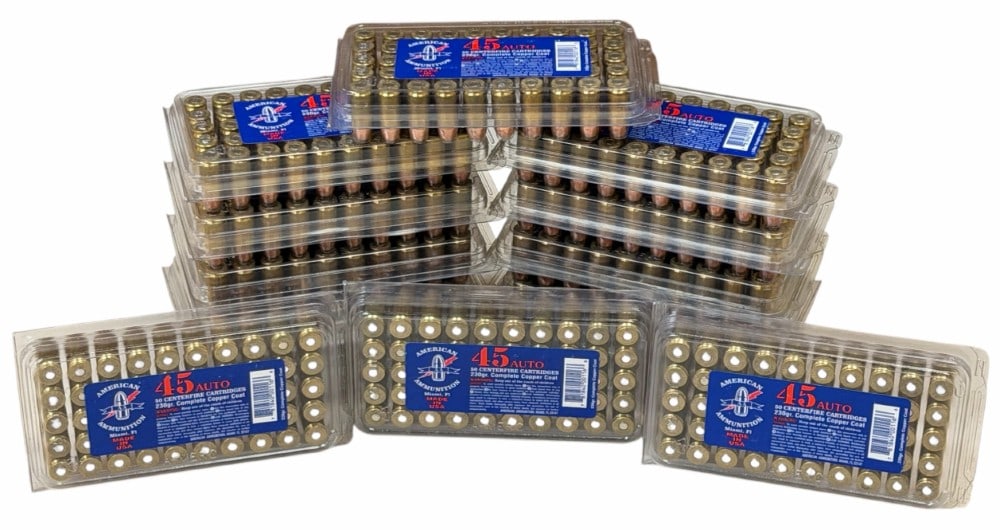 700 Reloaded Rounds .45 Auto American Ammunition in Cases: 700 Reloaded Rounds .45 Auto American Ammunition in Cases.? This lot contains 14 packages of 45 auto.? Packages read 230 grain complete copper coat.? Made in the USA