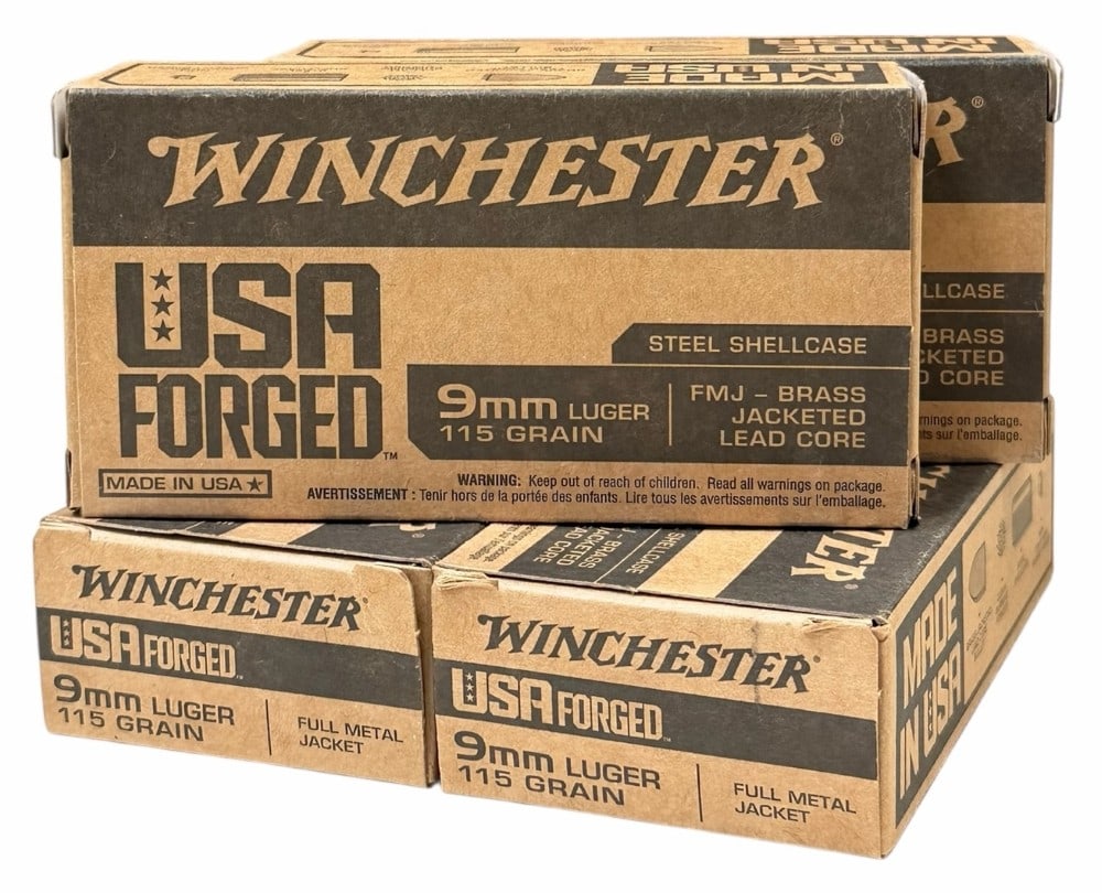 200 Rounds 9mm Luger Winchester USA Forged in Boxes: 200 Rounds 9mm Luger Winchester USA Forged in Boxes. This lot contains 4 boxes of Winchester USA forged 9mm Luger FMJ ammo in boxes