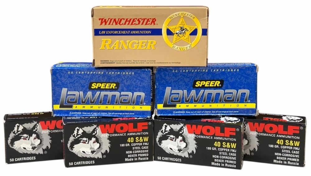 350 Rounds Speer, Wolf, Winchester Pistol Ammo: 350 Rounds Speer, Wolf, Winchester Pistol Ammo. lot includes 100 rounds Speer Lawman 180 GR. FMJ, 200 Rounds Wolf 180 GR. Copper FMJ, 50 rounds Smith and Wesson Subsonic 180 GR. JHP.