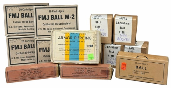 290 Rounds 7.62 x 51mm, 30-06 Springfield M-2 & M1911 Ball Ammo,