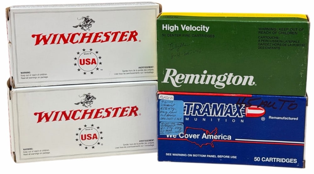 250 Reloaded Winchester , Remington & Utramax .45 Auto Ammo in Boxes: 250 Reloaded Winchester , Remington & Utramax .45 Auto Ammo in Boxes.? This lot contains 2 boxes of Winchester 45 auto 230 grain.? 1 box of Remington 45 auto 185 grain.? 1 box of Utramax 45 auto 230 g