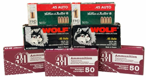 350 Reloaded Rounds Sellier & Bellot, Wolf, 3-D .45 Auto Ammo in Boxes