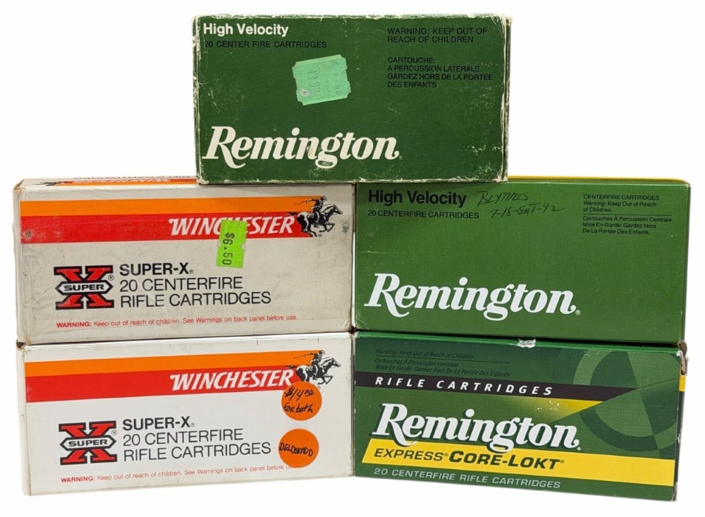 100 Rounds 30/30 Winchester and Remington: 100 Rounds 30/30 Winchester Ammo. Consisting of, 20 Rounds Remington 150 GR. Core-Lokt SP, 20 Rounds Remington 170 GR. Core-Lokt SP, 170 GR. Core-Lokt HP.,20 Rounds Winchester 150 GR. Power-Point S.P.