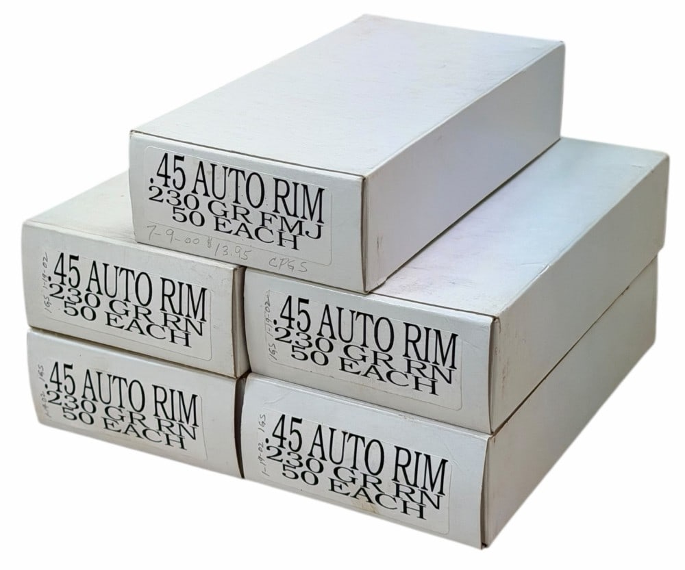 250 Reloaded Rounds .45 Auto Ammo in Boxes: 250 Reloaded Rounds .45 Auto Ammo in Boxes.? This lot contains 5 boxes of reloaded 45 auto rim 230 grain RN