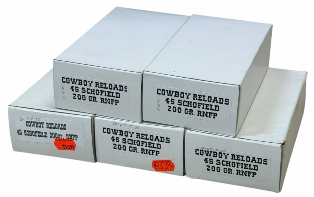 230 Reloaded Rounds .45 Schofield Cowboy Reloads: 230 Reloaded Rounds .45 Schofield Cowboy Reloads.? This lot contains 5 boxes of Cowboy reloads 45 schofield 200 grain RNFP