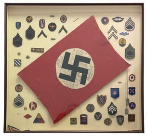 WWII Framed Bringback Captured Nazi Flag with US Patches