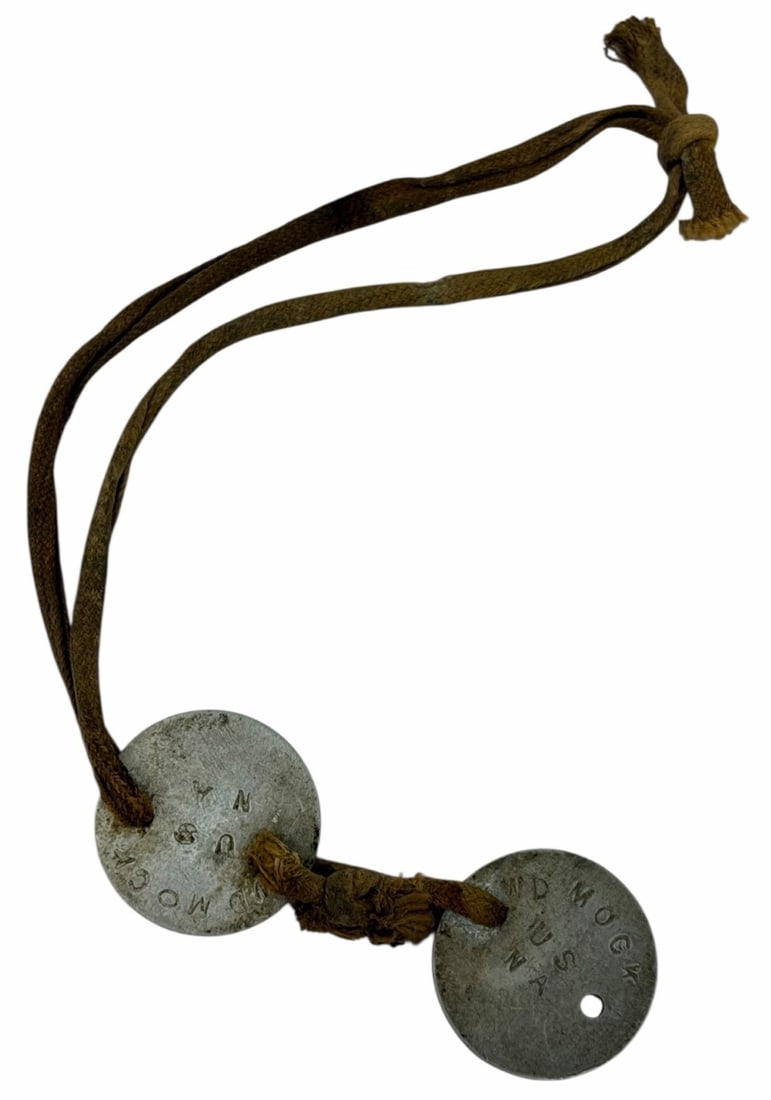 WWI US Soldier's Dog Tag W.D. Mock: WWI US Soldier's Dog Tag W.D. Mock.? Both tags are matching.? Tags read W.D. Mock USNA? ?3713648. ? WWI US Navy (USNA)?(U.S. Naval Academy) dog tags were unique oval Monel metal discs, officially mand