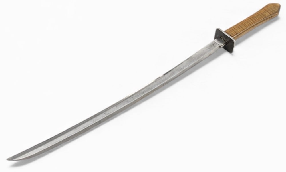 Custom 1862 U.S. Mansfield & Lamb Shortsword: Sword is made from an original Civil War era cavalry saber. Features a shortened fullered blade, square guard, and a maple handle. Sword is in good custom condition with scratches and carbon spotting