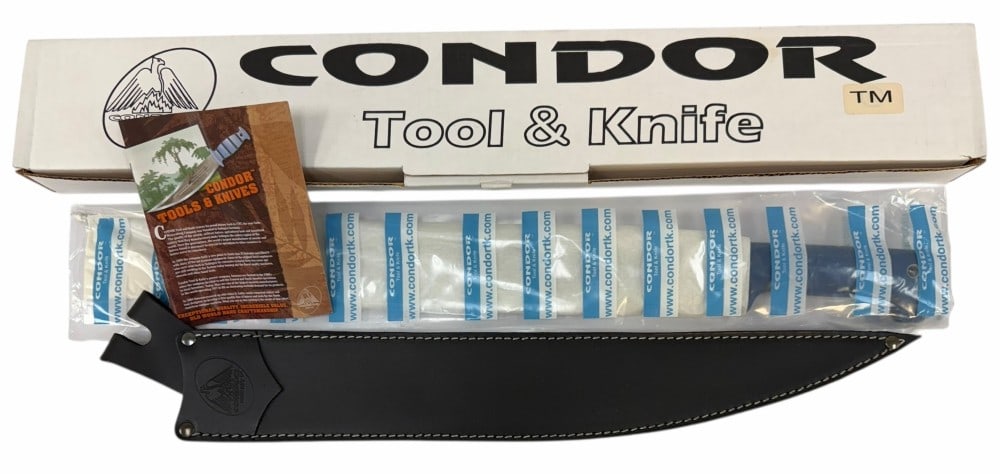 NIB Condor Tool & Knife Hog Sticker Machete w/ Leather Sheath: NIB Condor Tool & Knife Hog Sticker Machete w/ Leather Sheath. This is a Condor Hog Sticker Machete brand new in the box. The blade measures 17.5" long. Model no. CTK2012S.