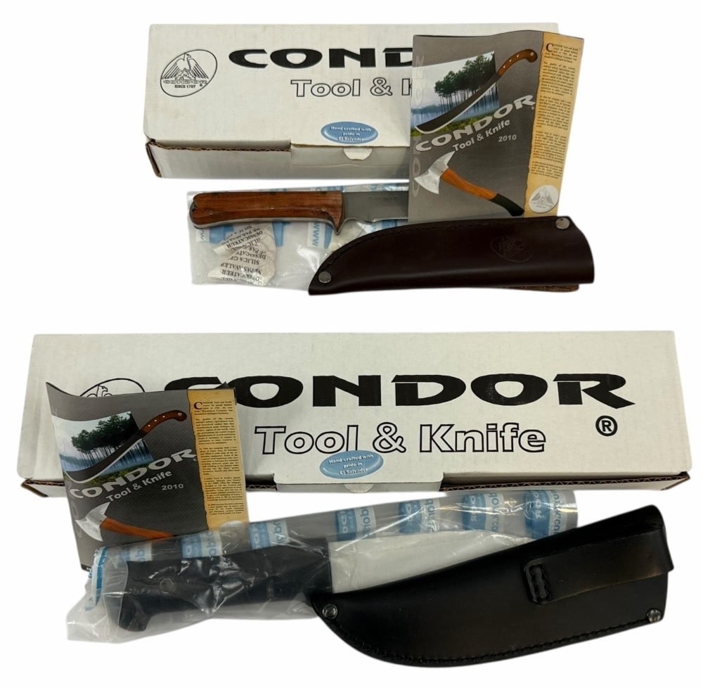 NIB Condor Rodan Fixed Knife w/ Leather Sheath & Condor Bushcraft Basic Fixed Knife w/ Leather: NIB Condor Rodan Fixed Knife w/ Leather Sheath & Condor Bushcraft Basic Fixed Knife w/ Leather Sheath. Both of these Condor knives are new in the box. The Condor Rodan Fixed Blade Knife has a black Le