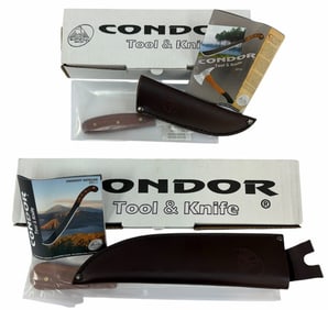 NIB Condor Hudson Bay Fixed Knife w/ Leather Sheath & Condor Bushcraft Basic Fixed Knife w/ Leather