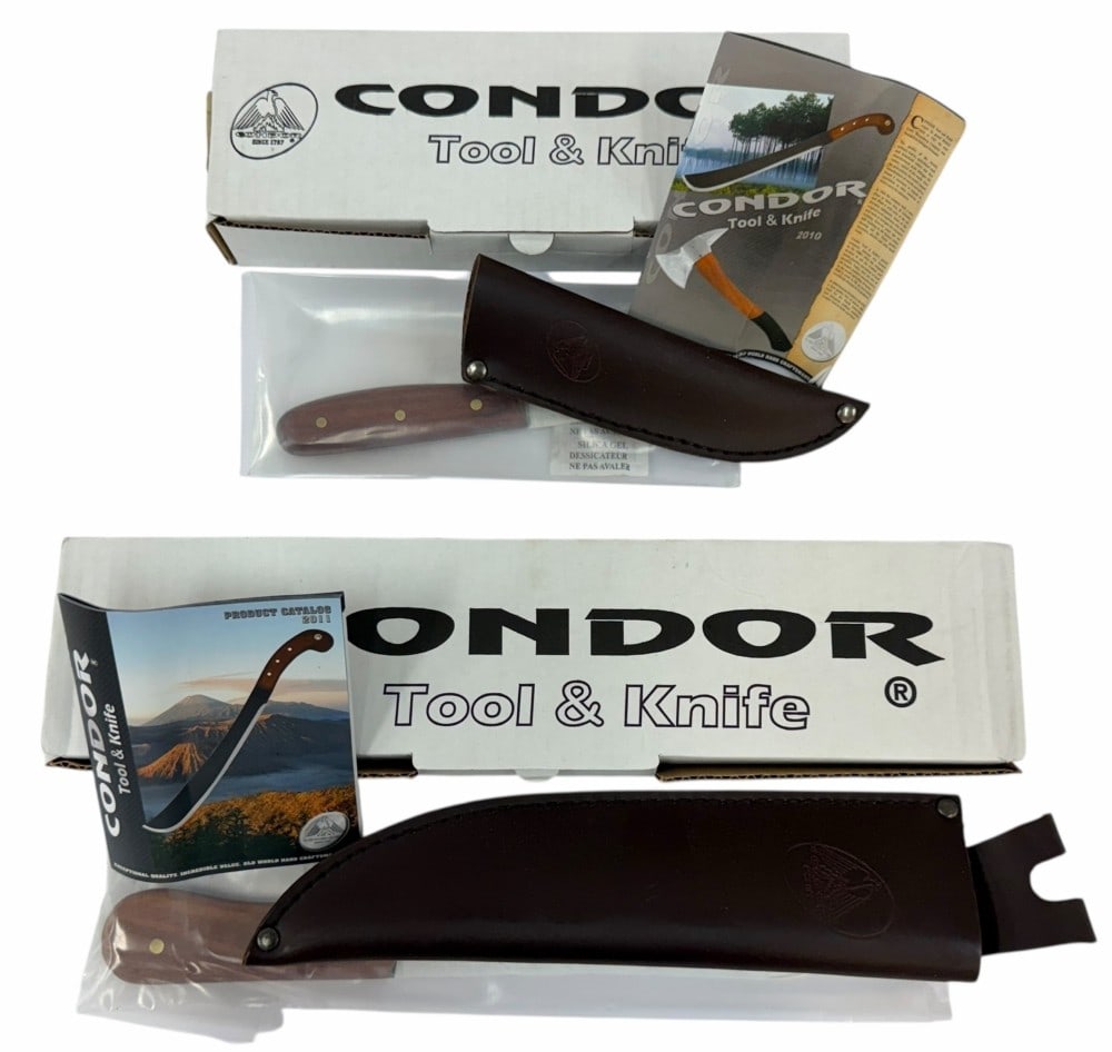 NIB Condor Hudson Bay Fixed Knife w/ Leather Sheath & Condor Bushcraft Basic Fixed Knife w/ Leather: NIB Condor Hudson Bay Fixed Knife w/ Leather Sheath & Condor Bushcraft Basic Fixed Knife w/ Leather Sheath. Both of these Condor knives are brand new in the boxes. The Condor Hudson Bay Fixed Knife w/