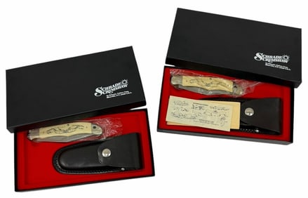 Pair of NIB Schrade SC500 Scrimshaw Buffalo Folding Hunting Knife w/ Sheath