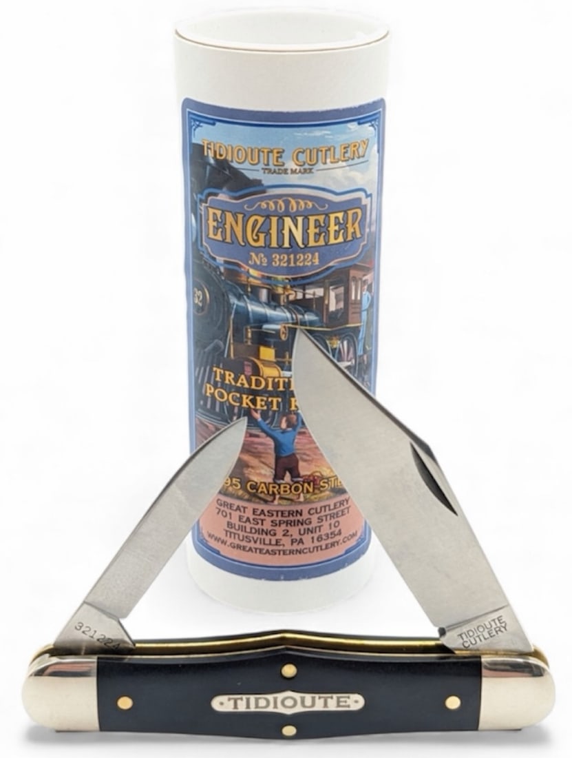 Great Eastern Cutlery Agate ESPL Texas Jack Knife 321224 w/ Tube: Knife features Tidioute shield and includes a Tidioute Cutlery Engineer promotional button. Knife is in very nice condition with light wear from handling. Overall measures 3-7/8in when closed.