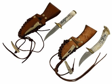 Pair of Ken Richardson Fixed Blade Deer Antler Handle In Sheaths