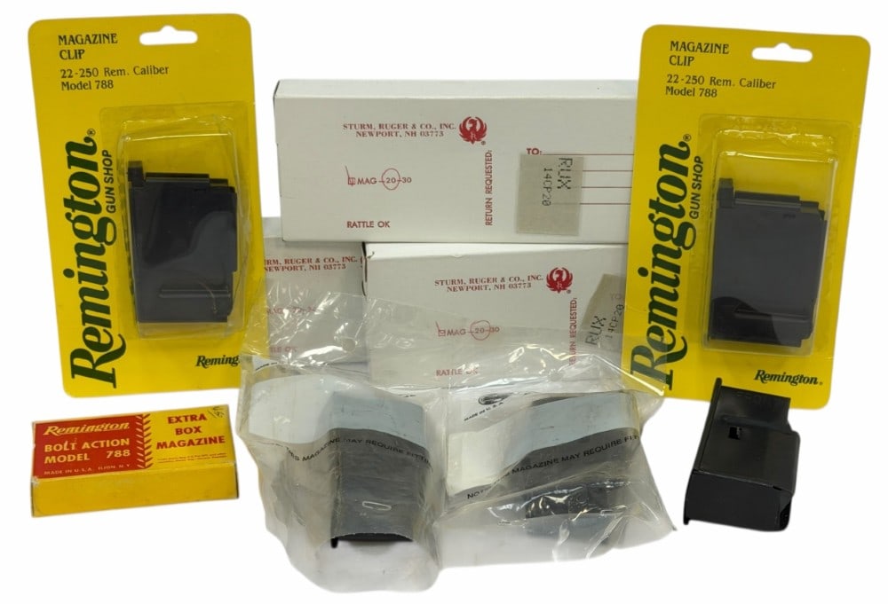 Assortment of Remington, Ruger and Savage Rifle Magazines: Assortment of Remington, Ruger and Savage Rifle Magazines . This lot contains 2 Remington Model 788 22-250 mags in the original package.? Packages are unopened.? 1 Remington model 788 in 22-250 calibe