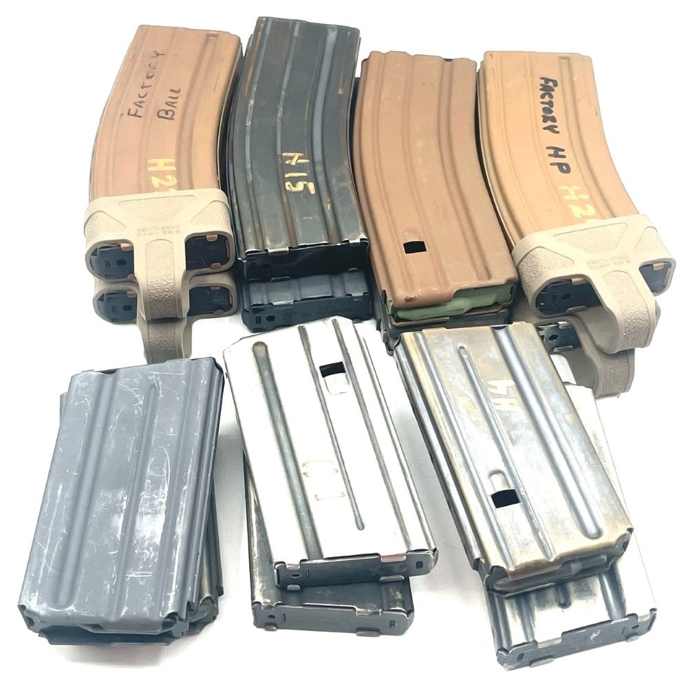 Group of AR 15 .223 Caliber Rifle Ammo Magazines: Group of AR 15 .223 Caliber Rifle Ammo Magazines.? This lot contains eight 20 round mags and six 10 round mags.? Three of the 10 rd mags are made by Colt.