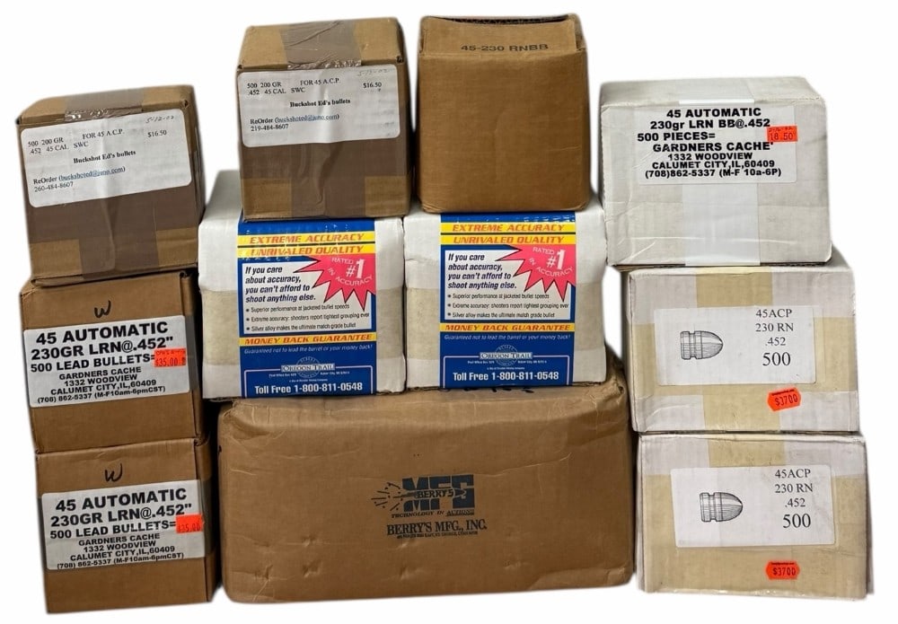 5500 Plus Count of 45 Caliber Bullets In .452 Diameter: 5500 Plus Count of 45 Caliber Bullets In .452 Diameter. All Unopened Except 1 box different Brands of LXN, RN, SWC, RNBB