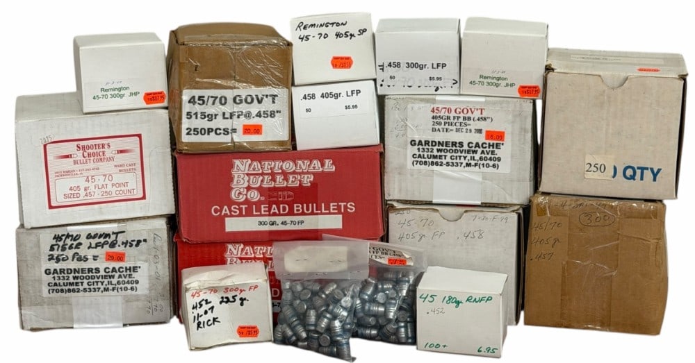 45/70 Bullet Assortment Opened and Unopened boxes of Various Brands.: 45/70 Bullet Assortment Opened and Unopened boxes of Various Brands. Lot Includes National, Shooters Choice, Remington, and More Some of The Bullet Weights are 300, 405, 515 GR. Bullet Types LFP, FP, 